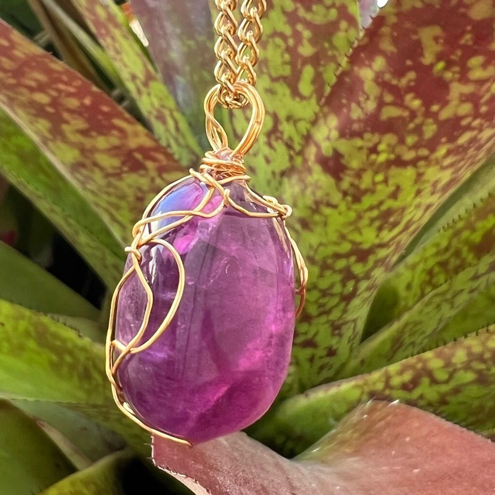 ✨ Deep Purple Fluorite Necklace • Gold Wrapped • 24" Chain ✨ - Picture 7 of 16